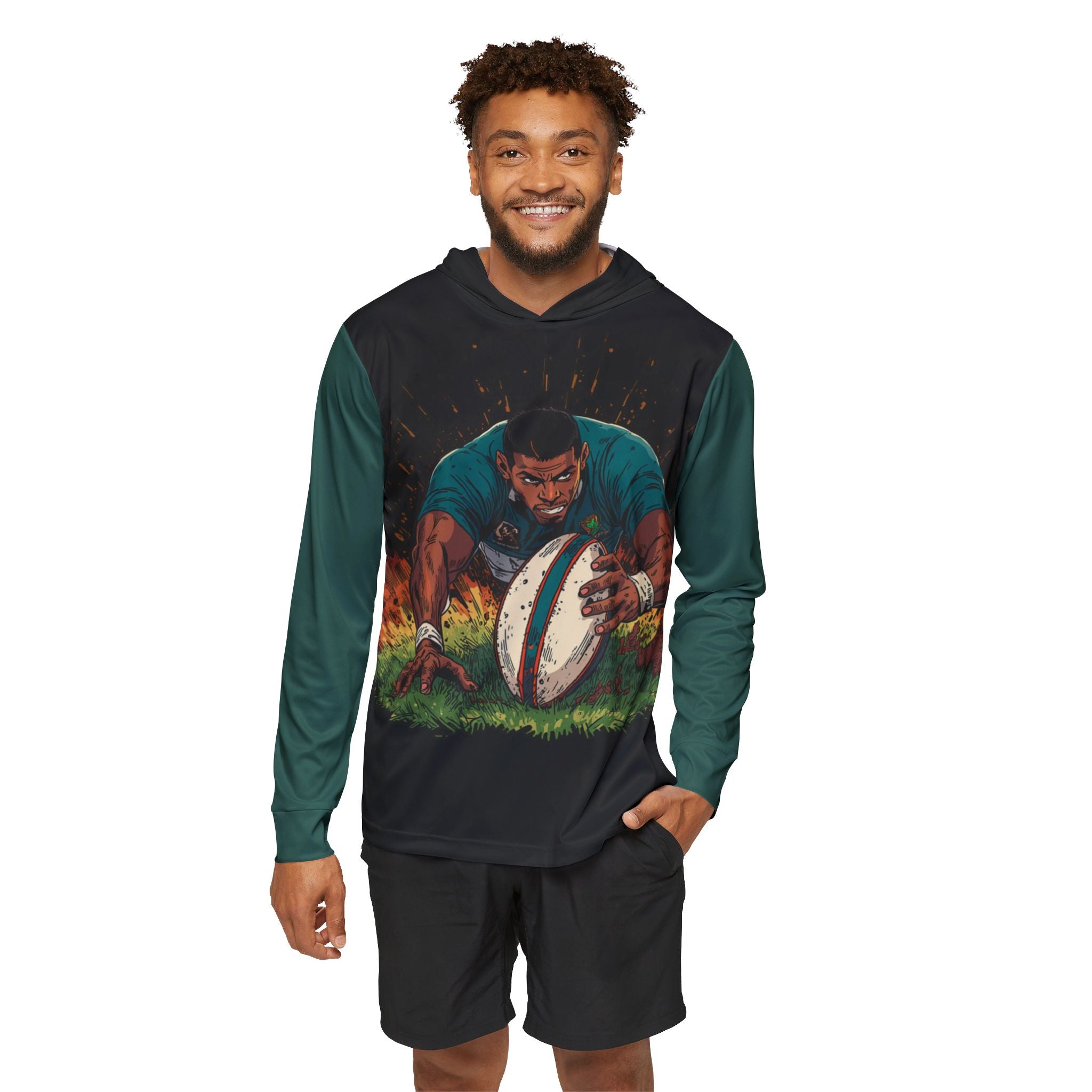 Rugby Action Print Hoodie — Men’s Sports Warmup Pullover