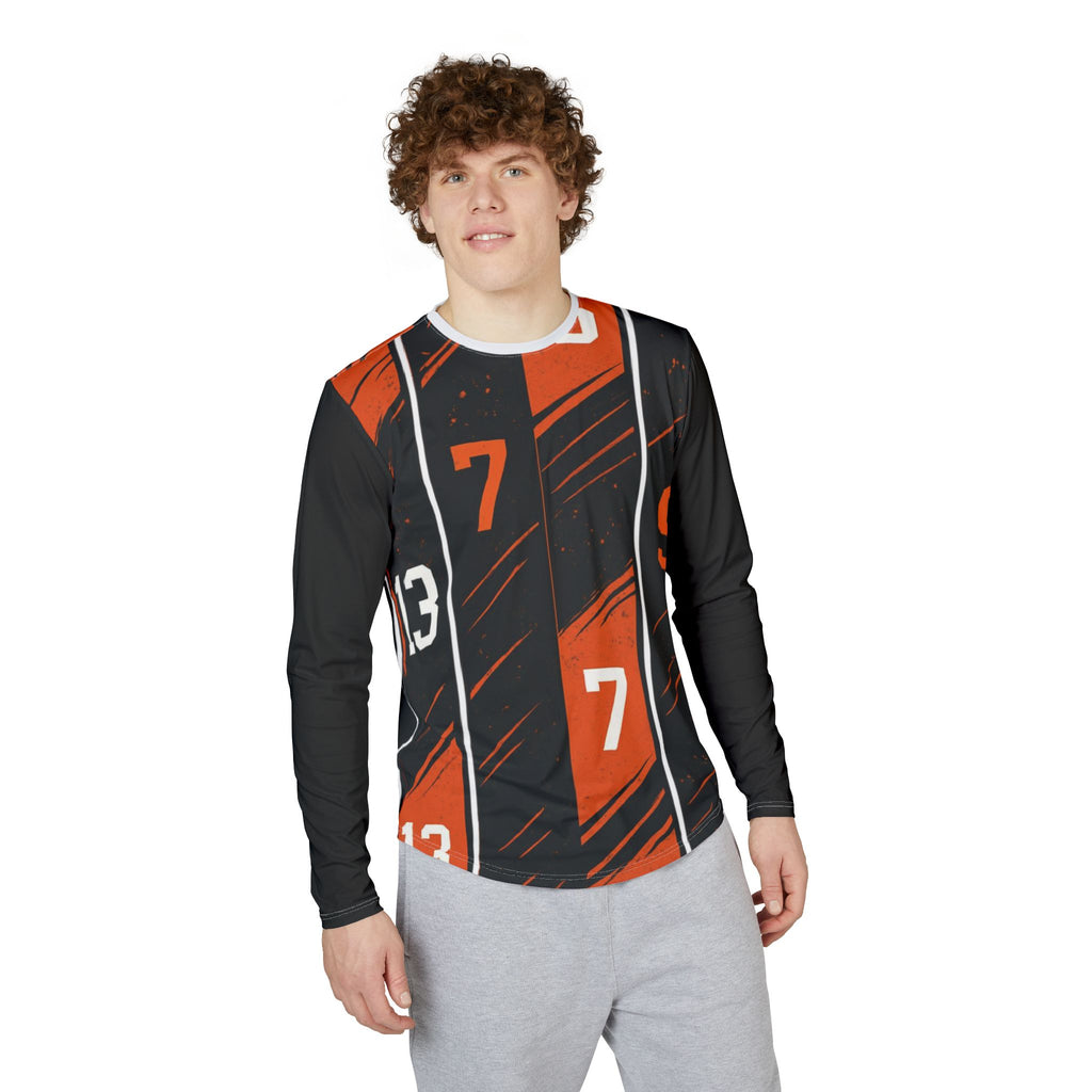 Men's Long Sleeve UV Shirt — Black & Orange Racing Stripe Jersey with Numbers (7, 9, 13)