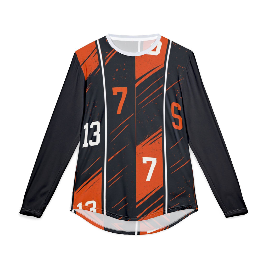 Men's Long Sleeve UV Shirt — Black & Orange Racing Stripe Jersey with Numbers (7, 9, 13)