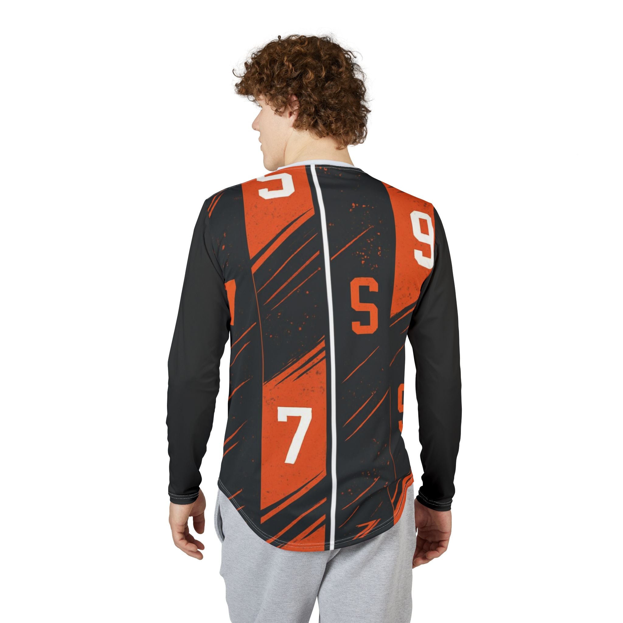 Men's Long Sleeve UV Shirt — Black & Orange Racing Stripe Jersey with Numbers (7, 9, 13)